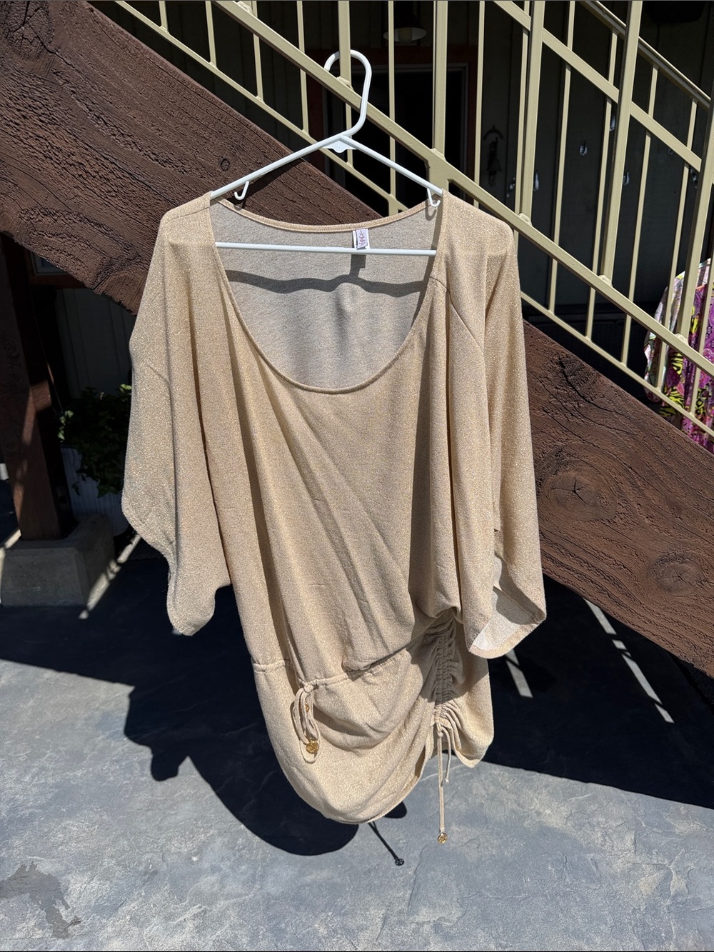 Luli Fama size MED. Light Gold Shimmery Drawstring Tunic Top